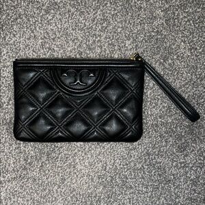 Tory Burch Quilted Black Leather Wristlet Pouch